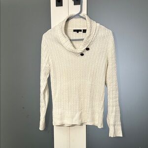JEANNE PIERRE Cream Role Neck Cotton Cable Knit Sweater With Faux Leather Butto
